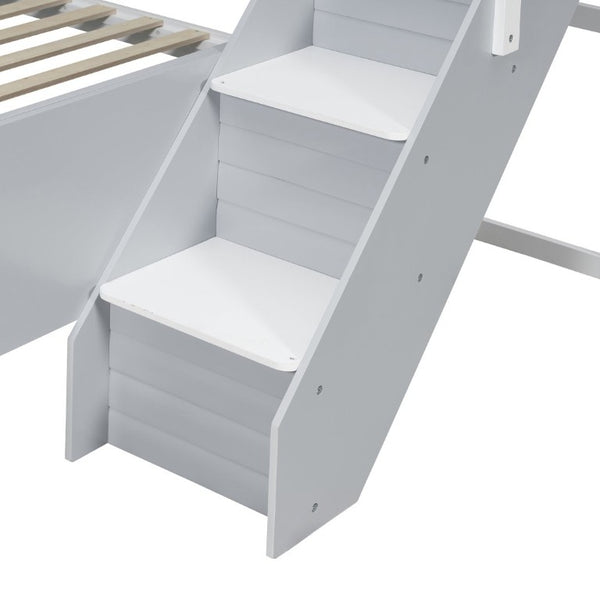 English Elm Full XL Over Queen Bunk Bed with Striped Staircase Side Shelves and LED Lighting Gray LT000461AAE
