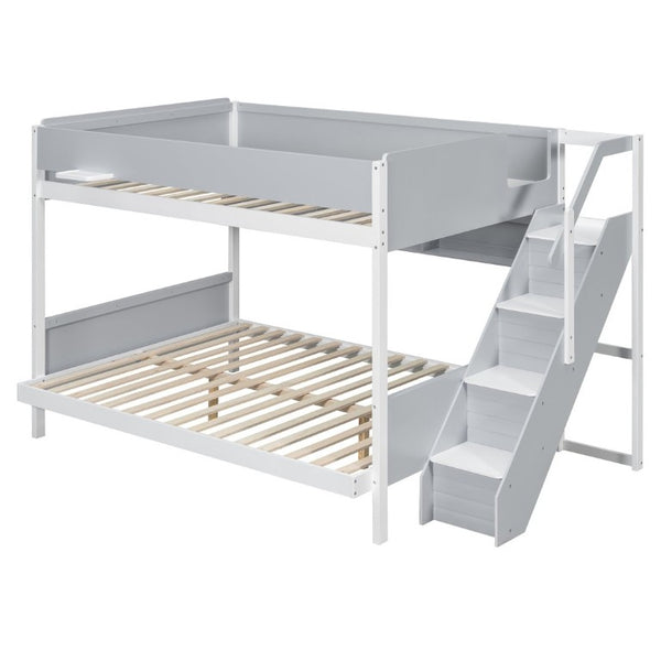 English Elm Full XL Over Queen Bunk Bed with Striped Staircase Side Shelves and LED Lighting Gray LT000461AAE