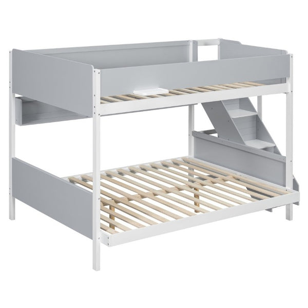 English Elm Full XL Over Queen Bunk Bed with Striped Staircase Side Shelves and LED Lighting Gray LT000461AAE