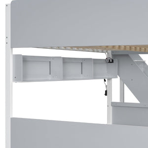 English Elm Full XL Over Queen Bunk Bed with Striped Staircase Side Shelves and LED Lighting Gray LT000461AAE