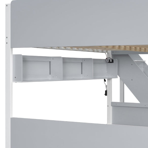 English Elm Full XL Over Queen Bunk Bed with Striped Staircase Side Shelves and LED Lighting Gray LT000461AAE