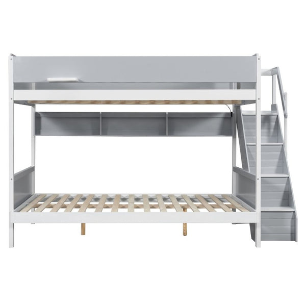 English Elm Full XL Over Queen Bunk Bed with Striped Staircase Side Shelves and LED Lighting Gray LT000461AAE