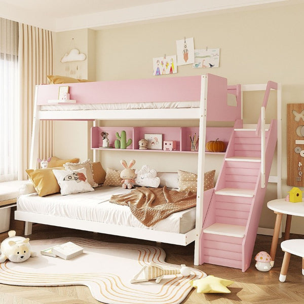 English Elm Full XL Over Queen Bunk Bed with Striped Staircase Side Shelves and LED Lighting Pink LT000461AAH