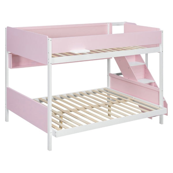 English Elm Full XL Over Queen Bunk Bed with Striped Staircase Side Shelves and LED Lighting Pink LT000461AAH