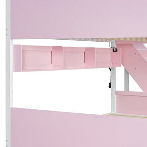 English Elm Full XL Over Queen Bunk Bed with Striped Staircase Side Shelves and LED Lighting Pink LT000461AAH