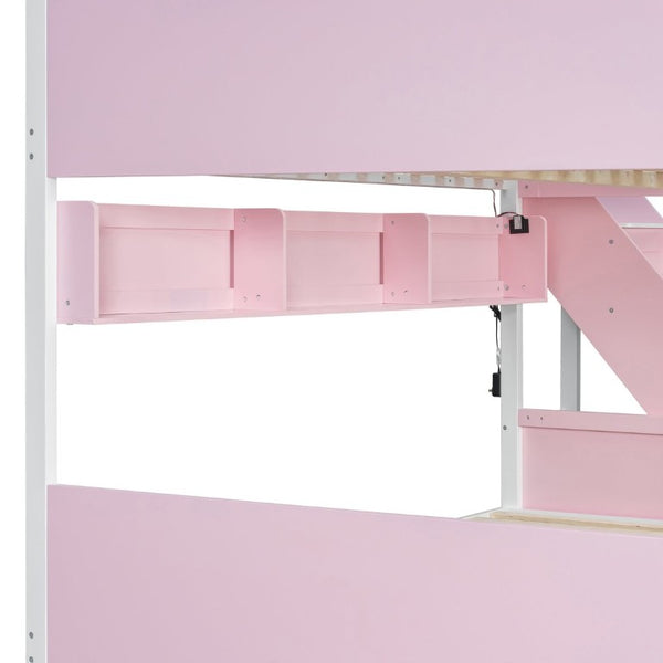 English Elm Full XL Over Queen Bunk Bed with Striped Staircase Side Shelves and LED Lighting Pink LT000461AAH