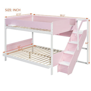 English Elm Full XL Over Queen Bunk Bed with Striped Staircase Side Shelves and LED Lighting Pink LT000461AAH