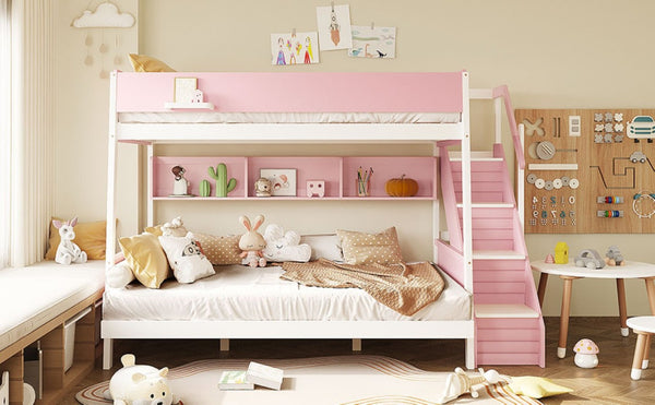 English Elm Full XL Over Queen Bunk Bed with Striped Staircase Side Shelves and LED Lighting Pink LT000461AAH