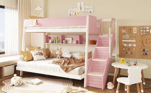 English Elm Full XL Over Queen Bunk Bed with Striped Staircase Side Shelves and LED Lighting Pink LT000461AAH