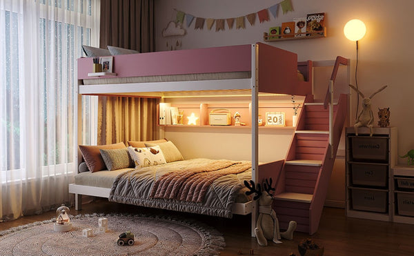 English Elm Full XL Over Queen Bunk Bed with Striped Staircase Side Shelves and LED Lighting Pink LT000461AAH