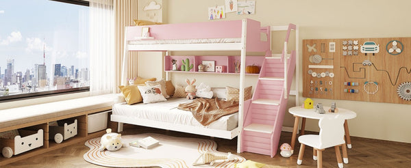 English Elm Full XL Over Queen Bunk Bed with Striped Staircase Side Shelves and LED Lighting Pink LT000461AAH