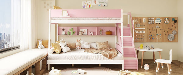English Elm Full XL Over Queen Bunk Bed with Striped Staircase Side Shelves and LED Lighting Pink LT000461AAH
