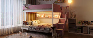 English Elm Full XL Over Queen Bunk Bed with Striped Staircase Side Shelves and LED Lighting Pink LT000461AAH