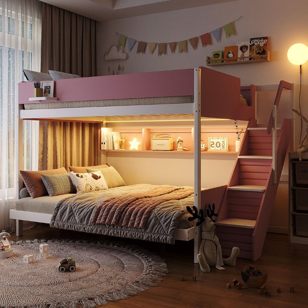 English Elm Full XL Over Queen Bunk Bed with Striped Staircase Side Shelves and LED Lighting Pink LT000461AAH