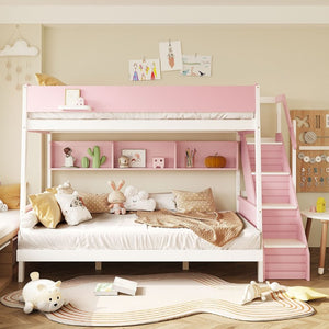 English Elm Full XL Over Queen Bunk Bed with Striped Staircase Side Shelves and LED Lighting Pink LT000461AAH