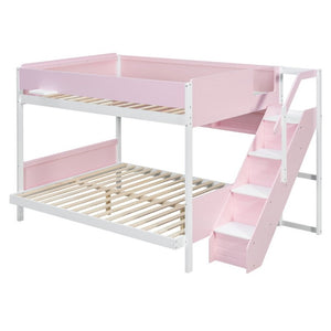 English Elm Full XL Over Queen Bunk Bed with Striped Staircase Side Shelves and LED Lighting Pink LT000461AAH