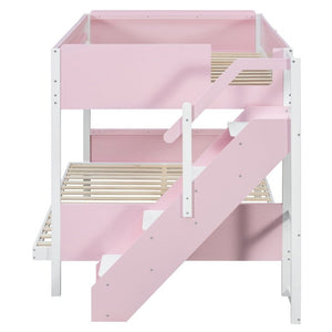 English Elm Full XL Over Queen Bunk Bed with Striped Staircase Side Shelves and LED Lighting Pink LT000461AAH