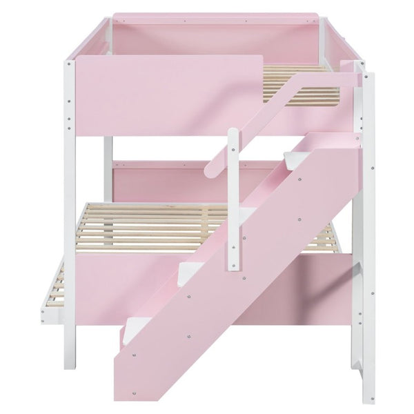 English Elm Full XL Over Queen Bunk Bed with Striped Staircase Side Shelves and LED Lighting Pink LT000461AAH