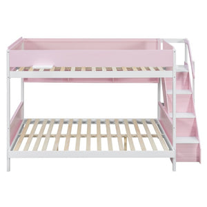 English Elm Full XL Over Queen Bunk Bed with Striped Staircase Side Shelves and LED Lighting Pink LT000461AAH