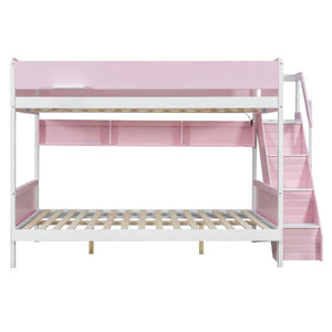 English Elm Full XL Over Queen Bunk Bed with Striped Staircase Side Shelves and LED Lighting Pink LT000461AAH