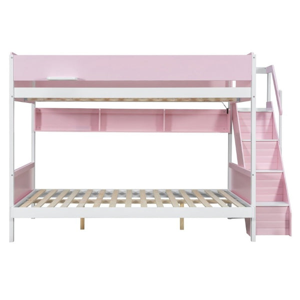 English Elm Full XL Over Queen Bunk Bed with Striped Staircase Side Shelves and LED Lighting Pink LT000461AAH