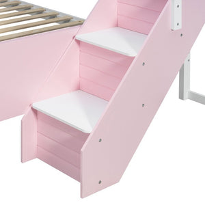 English Elm Full XL Over Queen Bunk Bed with Striped Staircase Side Shelves and LED Lighting Pink LT000461AAH