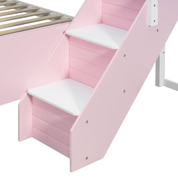English Elm Full XL Over Queen Bunk Bed with Striped Staircase Side Shelves and LED Lighting Pink LT000461AAH