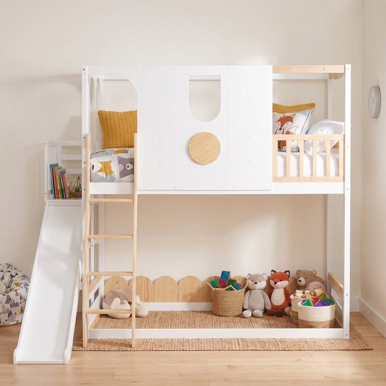 English Elm Queen-Size Murphy Bed with Sliding Cabinets and Six-Tier Shelves for Modern Rooms White+Natural 94.3 L x 75.7 W x 79.9 H LT000464AAD