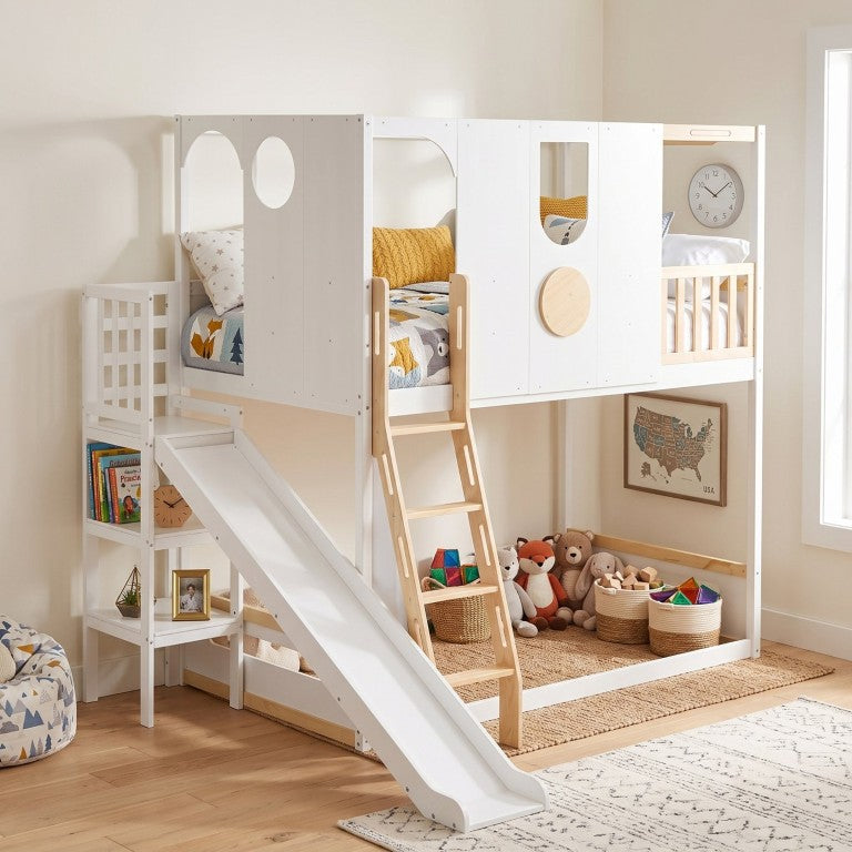 English Elm Queen-Size Murphy Bed with Sliding Cabinets and Six-Tier Shelves for Modern Rooms White+Natural 94.3 L x 75.7 W x 79.9 H LT000464AAD