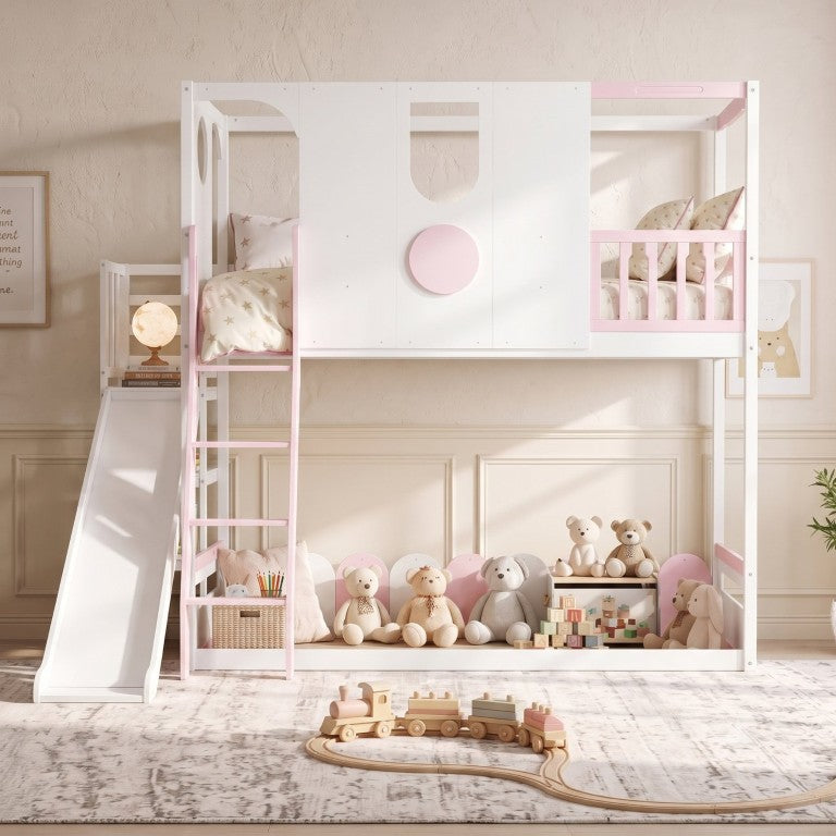 English Elm Twin Playhouse Loft Bed with Slide Built-In Shelves and Guardrails for Kids Rooms White+Pink Twin Size LT000464AAH