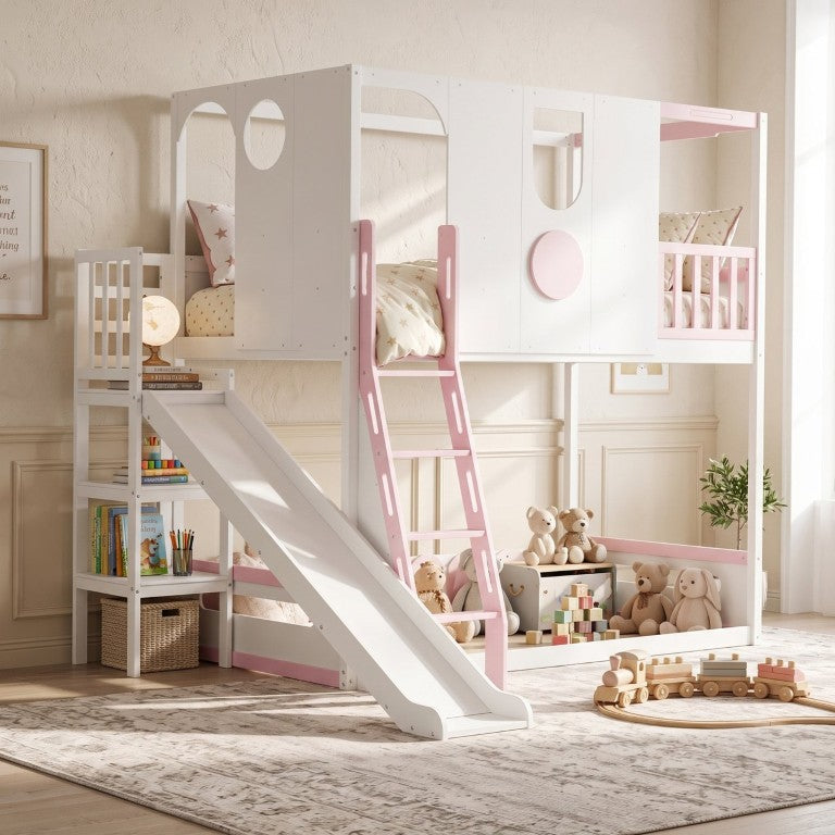 English Elm Twin Playhouse Loft Bed with Slide Built-In Shelves and Guardrails for Kids Rooms White+Pink Twin Size LT000464AAH