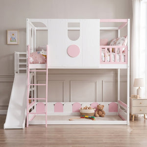 English Elm Full Size Kids Playhouse Loft Bed with Slide Storage Shelves and Sturdy Guardrails White+Pink LT000465AAH