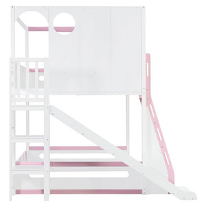 English Elm Full Size Kids Playhouse Loft Bed with Slide Storage Shelves and Sturdy Guardrails White+Pink LT000465AAH