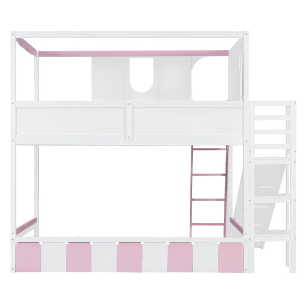 English Elm Full Size Kids Playhouse Loft Bed with Slide Storage Shelves and Sturdy Guardrails White+Pink LT000465AAH