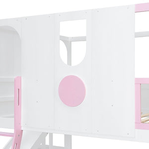 English Elm Full Size Kids Playhouse Loft Bed with Slide Storage Shelves and Sturdy Guardrails White+Pink LT000465AAH
