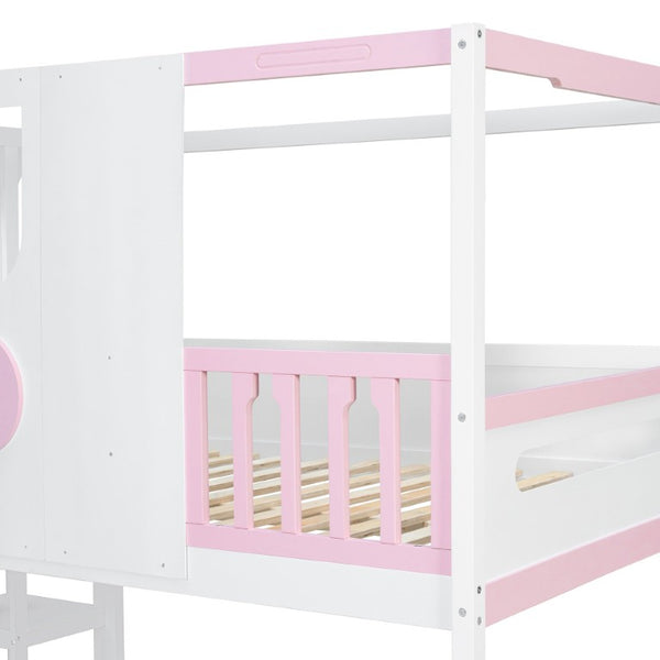English Elm Full Size Kids Playhouse Loft Bed with Slide Storage Shelves and Sturdy Guardrails White+Pink LT000465AAH