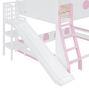 English Elm Full Size Kids Playhouse Loft Bed with Slide Storage Shelves and Sturdy Guardrails White+Pink LT000465AAH