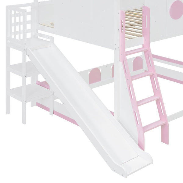 English Elm Full Size Kids Playhouse Loft Bed with Slide Storage Shelves and Sturdy Guardrails White+Pink LT000465AAH