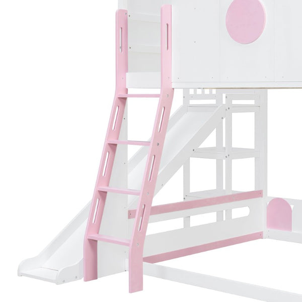 English Elm Full Size Kids Playhouse Loft Bed with Slide Storage Shelves and Sturdy Guardrails White+Pink LT000465AAH