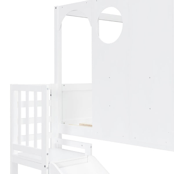 English Elm Full Size Kids Playhouse Loft Bed with Slide Storage Shelves and Sturdy Guardrails White+Pink LT000465AAH