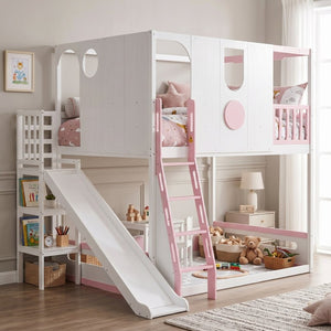 English Elm Full Size Kids Playhouse Loft Bed with Slide Storage Shelves and Sturdy Guardrails White+Pink LT000465AAH