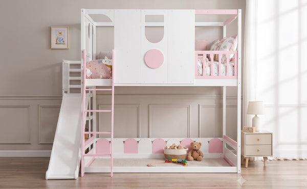 English Elm Full Size Kids Playhouse Loft Bed with Slide Storage Shelves and Sturdy Guardrails White+Pink LT000465AAH