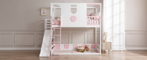 English Elm Full Size Kids Playhouse Loft Bed with Slide Storage Shelves and Sturdy Guardrails White+Pink LT000465AAH