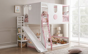 English Elm Full Size Kids Playhouse Loft Bed with Slide Storage Shelves and Sturdy Guardrails White+Pink LT000465AAH