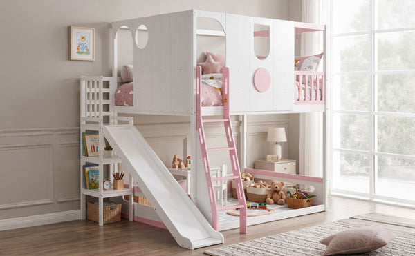 English Elm Full Size Kids Playhouse Loft Bed with Slide Storage Shelves and Sturdy Guardrails White+Pink LT000465AAH