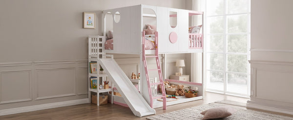 English Elm Full Size Kids Playhouse Loft Bed with Slide Storage Shelves and Sturdy Guardrails White+Pink LT000465AAH