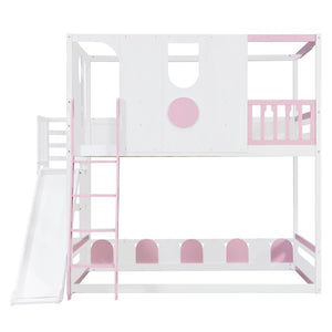 English Elm Full Size Kids Playhouse Loft Bed with Slide Storage Shelves and Sturdy Guardrails White+Pink LT000465AAH
