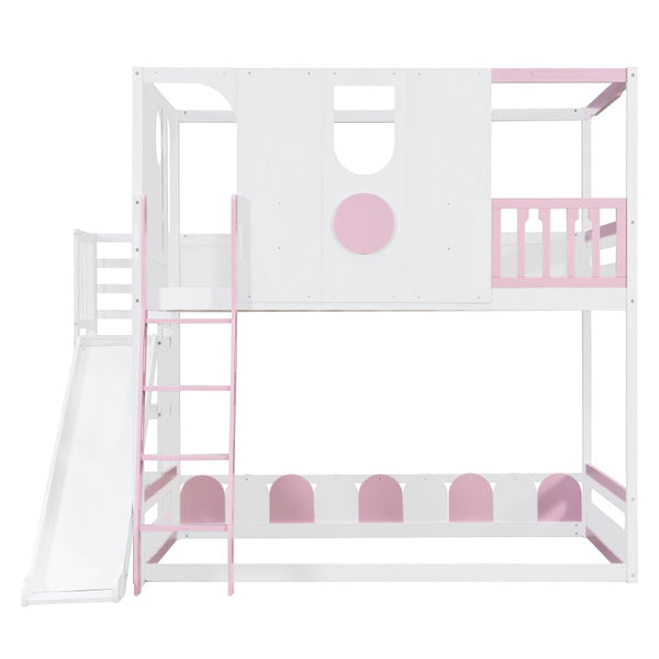 English Elm Full Size Kids Playhouse Loft Bed with Slide Storage Shelves and Sturdy Guardrails White+Pink LT000465AAH