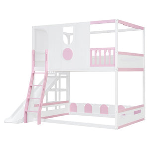 English Elm Full Size Kids Playhouse Loft Bed with Slide Storage Shelves and Sturdy Guardrails White+Pink LT000465AAH