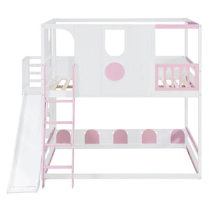 English Elm Full Size Kids Playhouse Loft Bed with Slide Storage Shelves and Sturdy Guardrails White+Pink LT000465AAH